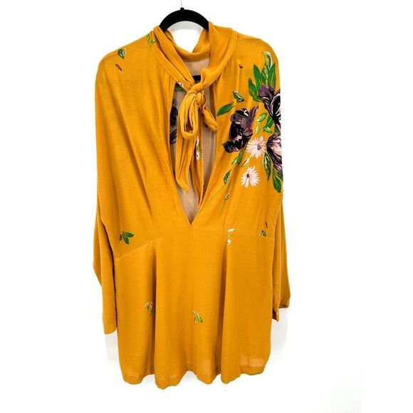 FREE PEOPLE Mustard Yellow Purple Floral Long Sleeve Open Back Mini Dress Large - Picture 4 of 9